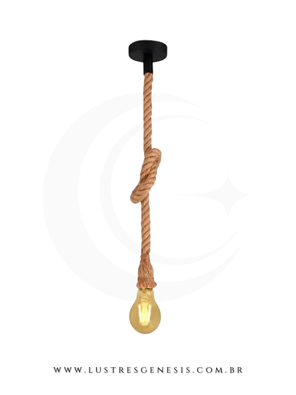 Pendente rústico de corda sisal com 1,5m, ideal para área gourmet, lavabo, balcão, quartos, sala de estar e jantar, com lâmpada decorativa e base preta no teto.